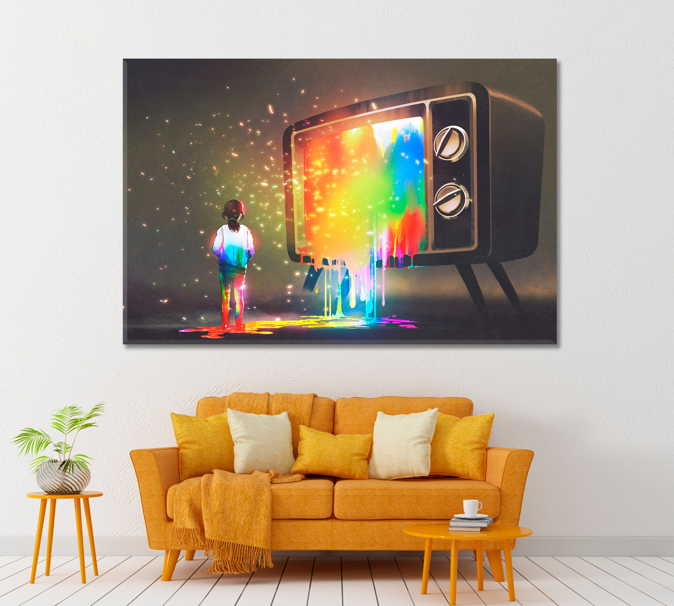 Bright Paint Flows From TV to Little Girl Canvas Print ArtLexy 1 Panel 24"x16" inches 