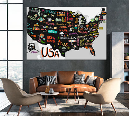 Map of USA with States and Attractions of America Canvas Print ArtLexy 1 Panel 24"x16" inches 