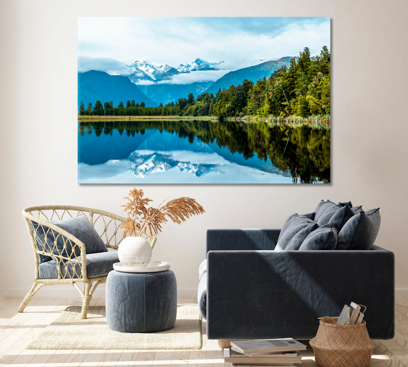 Mountain Landscape Reflection on Lake Matheson New Zealand Canvas Print ArtLexy 1 Panel 24"x16" inches 