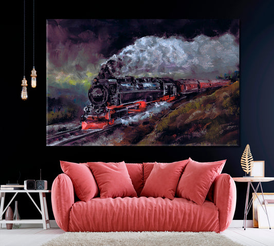 Steam Locomotive at Night Canvas Print ArtLexy 1 Panel 24"x16" inches 