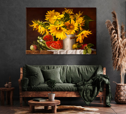 Still Life Sunflowers and Watermelon Canvas Print ArtLexy   