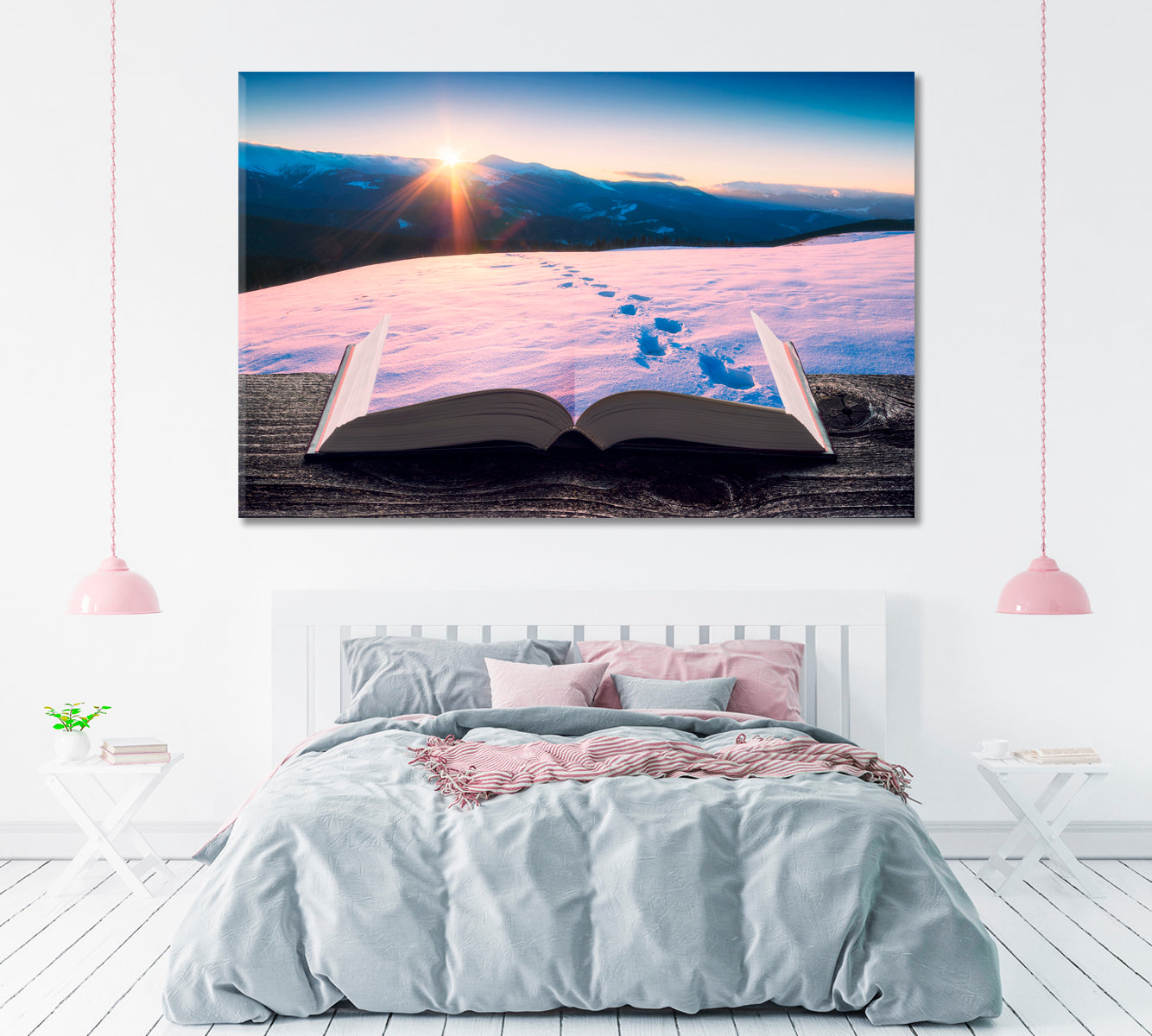Mountain Valley Covered with Snow on Pages of Magical Book Canvas Print ArtLexy 1 Panel 24"x16" inches 