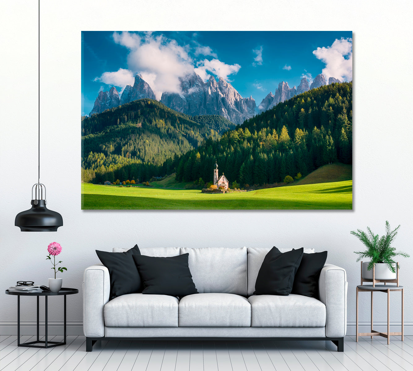 Santa Maddalena Church in Dolomites Alps Canvas Print ArtLexy 1 Panel 24"x16" inches 