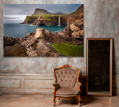 Gasadalur Village and Mulafossur Waterfall Faroe Islands Canvas Print ArtLexy 1 Panel 24"x16" inches 
