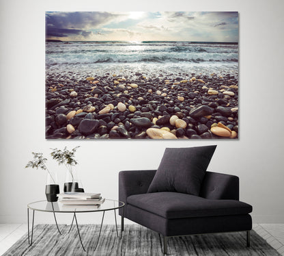 Pebble Beach with Stormy Waves Canvas Print ArtLexy 1 Panel 24"x16" inches 