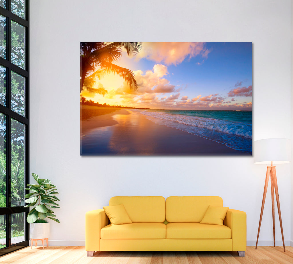 Sunrise over Tropical Caribbean Beach Canvas Print ArtLexy 1 Panel 24"x16" inches 