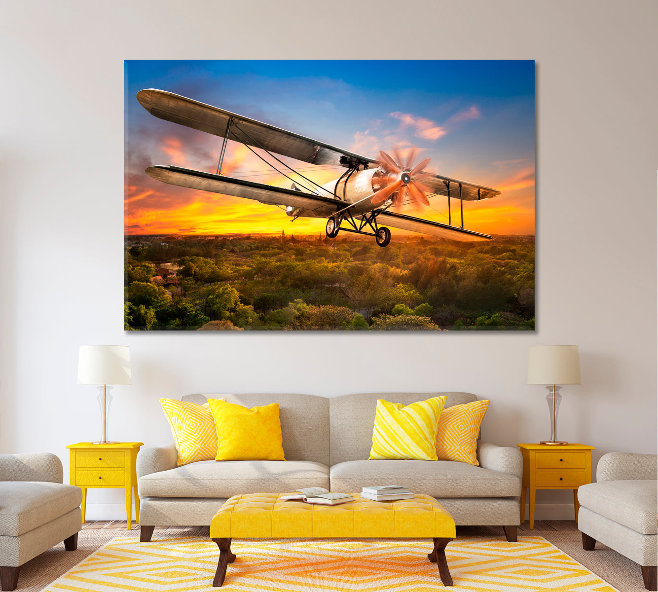 Biplane Flying Over Trees Canvas Print ArtLexy 1 Panel 24"x16" inches 