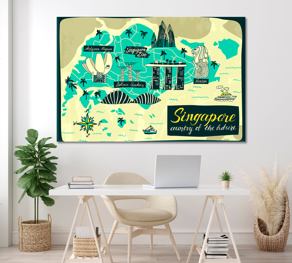 Map of Singapore with Attractions Canvas Print ArtLexy 1 Panel 24"x16" inches 