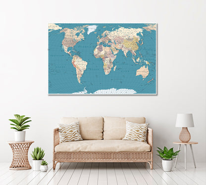 Detailed World Map Canvas Print ArtLexy 1 Panel 24"x16" inches 