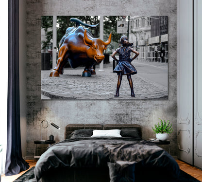 Fearless Girl Statue Facing Charging Bull Lower Manhattan NY Canvas Print ArtLexy 1 Panel 24"x16" inches 