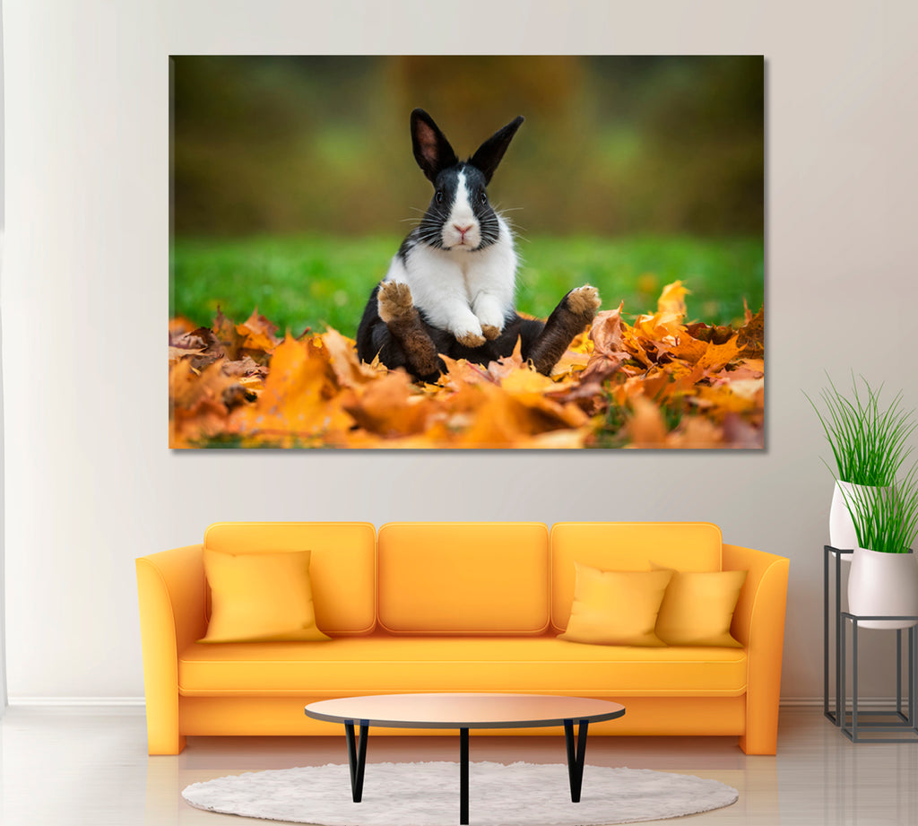 Rabbit Sitting in Autumn Leaves Canvas Print ArtLexy 1 Panel 24"x16" inches 