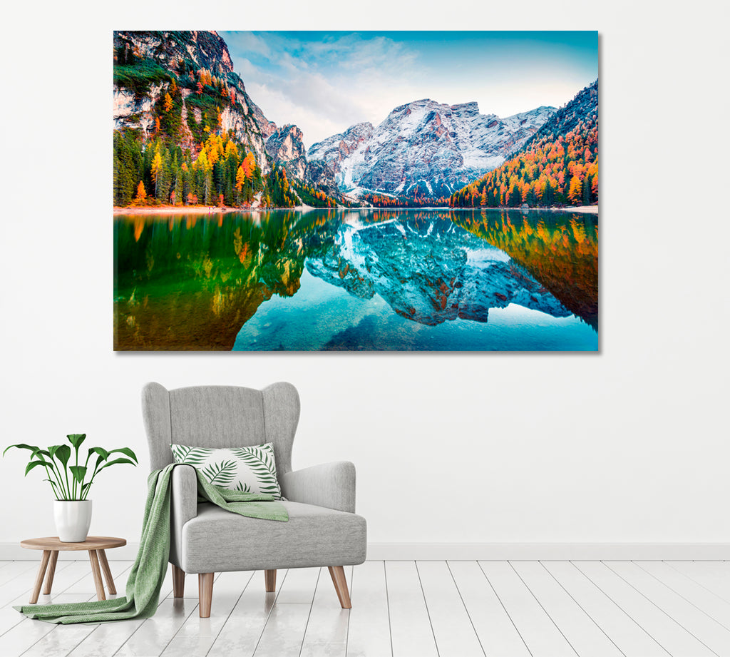 Autumn Landscape with Braies Lake Italian Alps Dolomite Canvas Print ArtLexy 1 Panel 24"x16" inches 