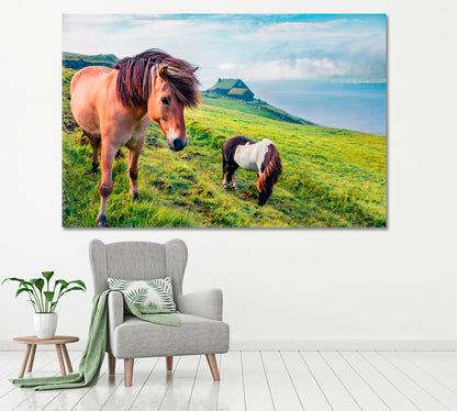Horses in Velbastadur Village Faroe Islands Canvas Print ArtLexy 1 Panel 24"x16" inches 