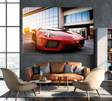 Red Sports Car near Office Building Canvas Print ArtLexy 1 Panel 24"x16" inches 