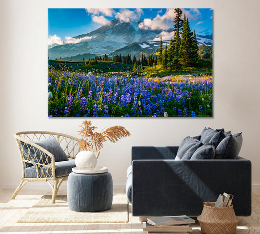 Mount Rainier with Wildflower Field Washington Canvas Print ArtLexy 1 Panel 24"x16" inches 
