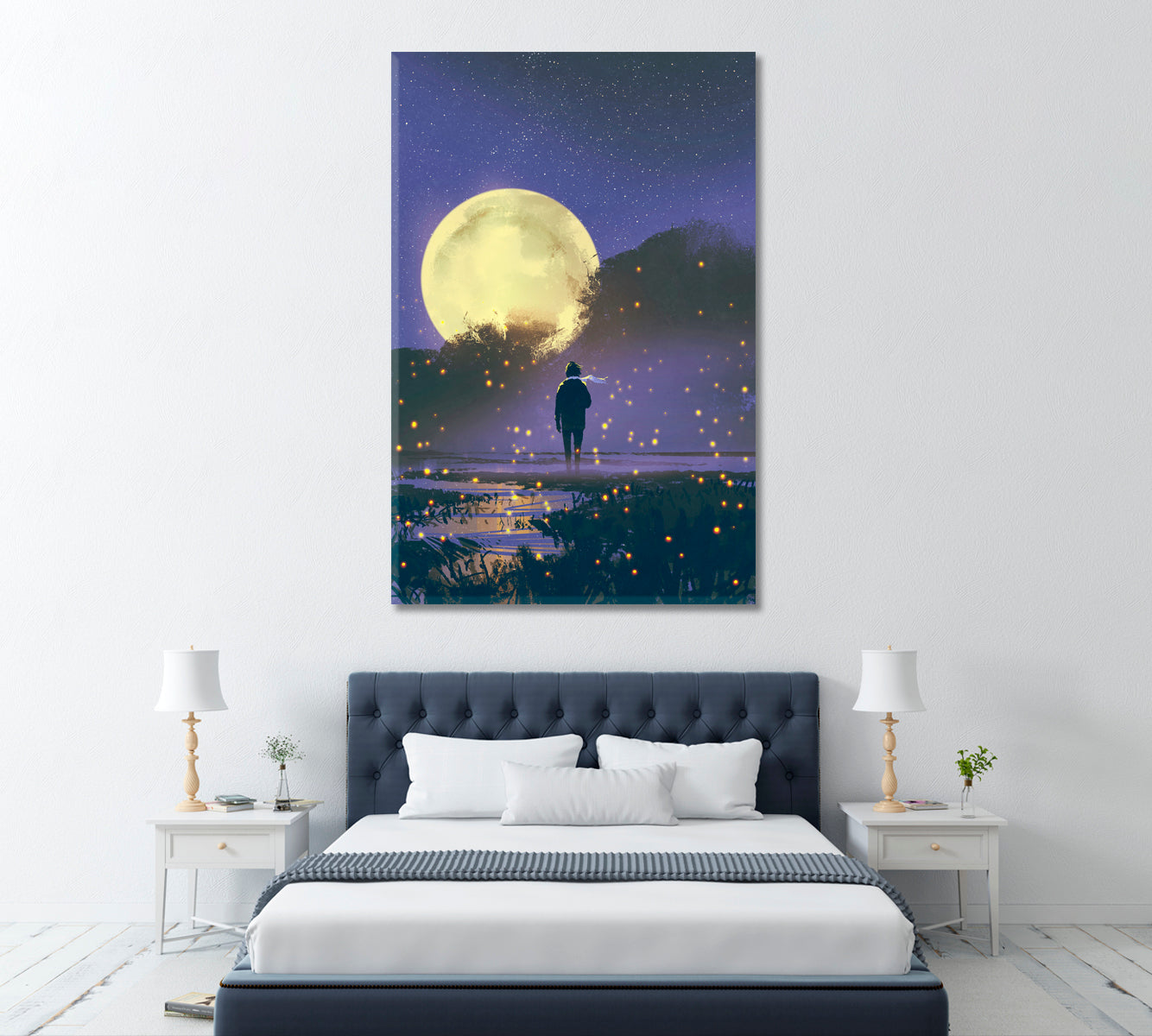 Man Standing in Swamp with Fireflies and Full Moon Canvas Print ArtLexy 1 Panel 16"x24" inches 