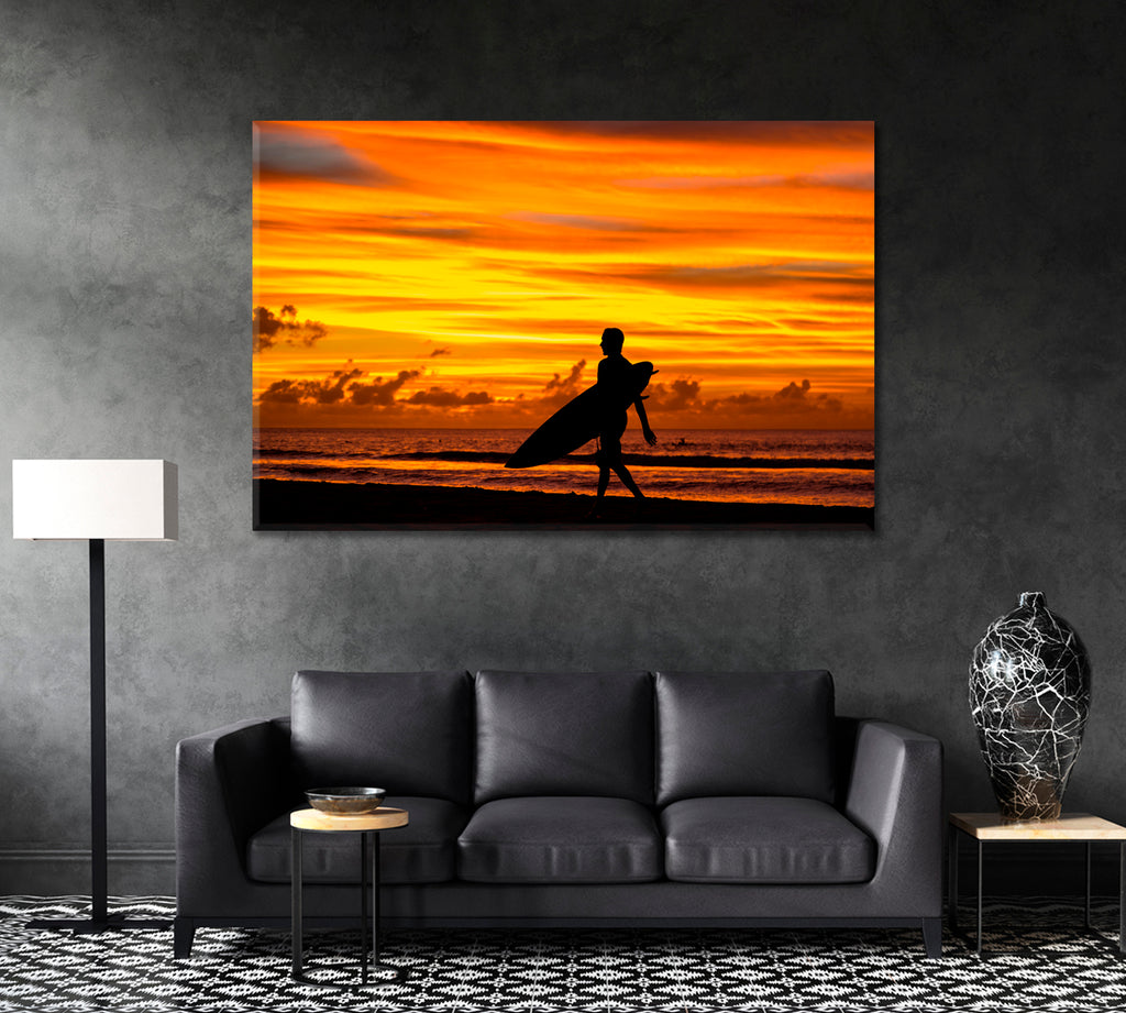 Surfer with Surfboard at Sunset Mauritius Indian Ocean Canvas Print ArtLexy 1 Panel 24"x16" inches 