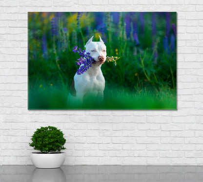 White Pitbull with Bouquet of Flowers Canvas Print ArtLexy 1 Panel 24"x16" inches 