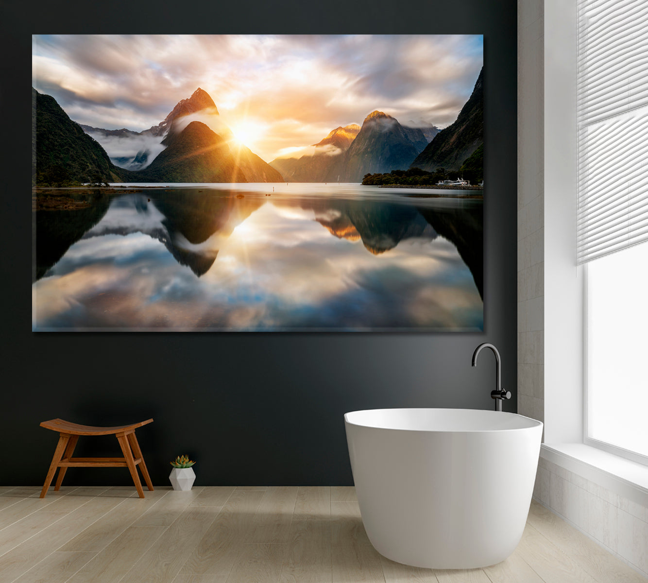 Amazing Sunrise in Milford Sound New Zealand Canvas Print ArtLexy 1 Panel 24"x16" inches 