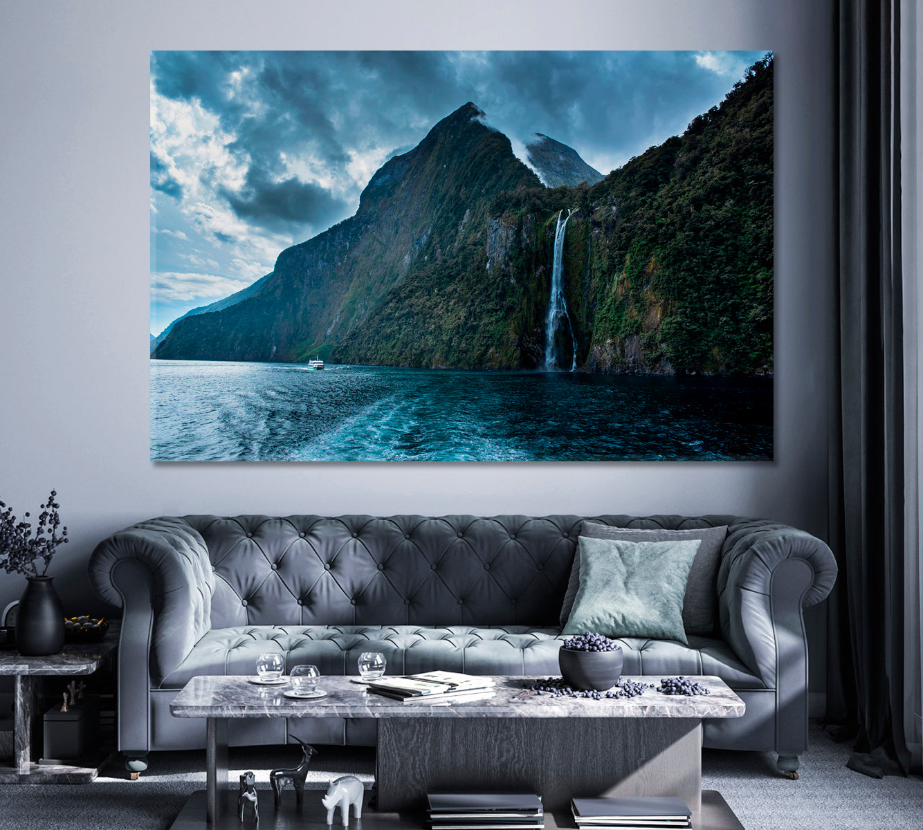 Milford Sound Waterfalls Canvas Print ArtLexy 1 Panel 24"x16" inches 