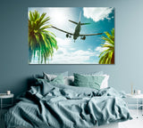 Plane over Palm Trees Canvas Print ArtLexy 1 Panel 24"x16" inches 