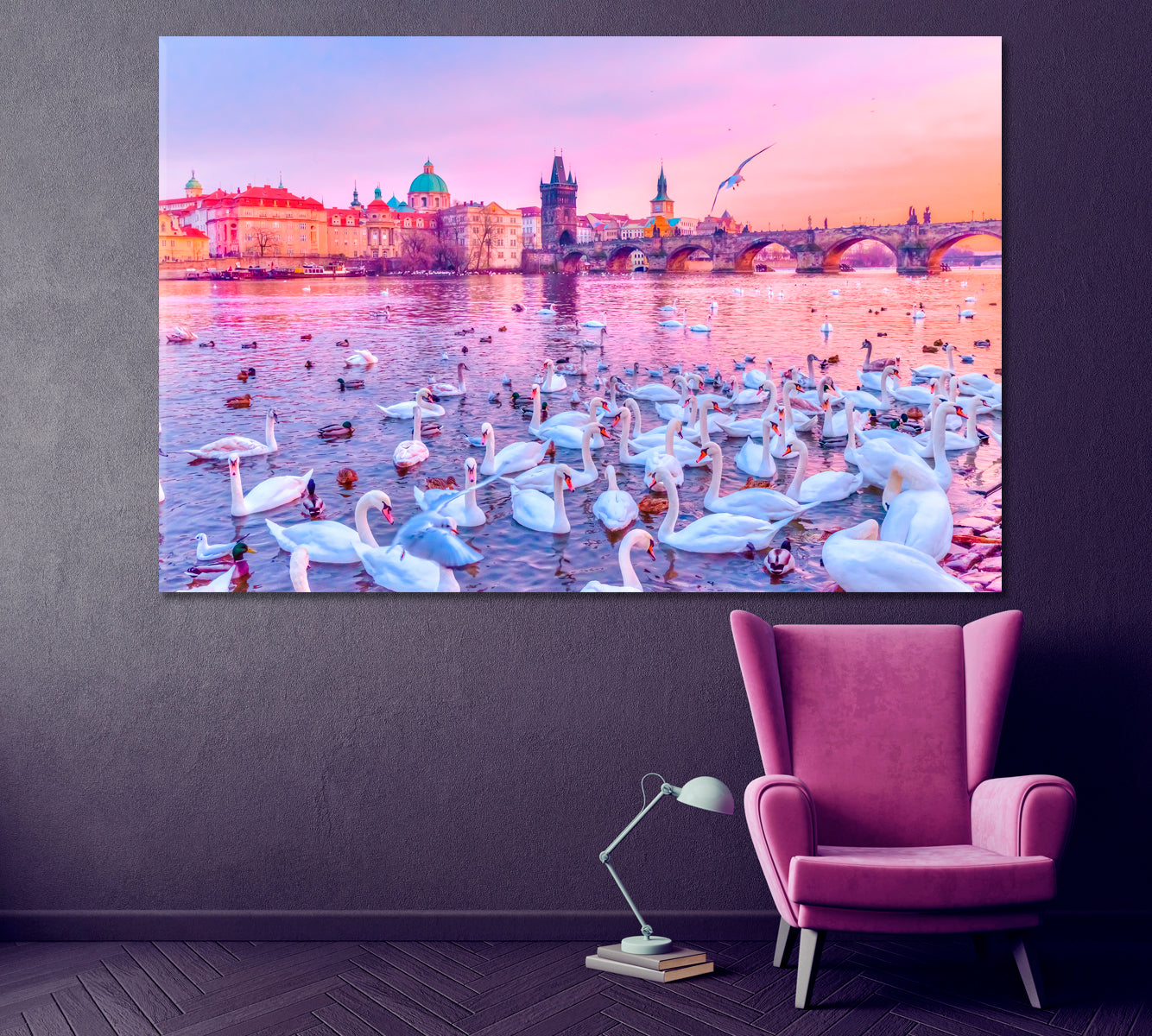 Swans on Vltava River Prague Canvas Print ArtLexy 1 Panel 24"x16" inches 