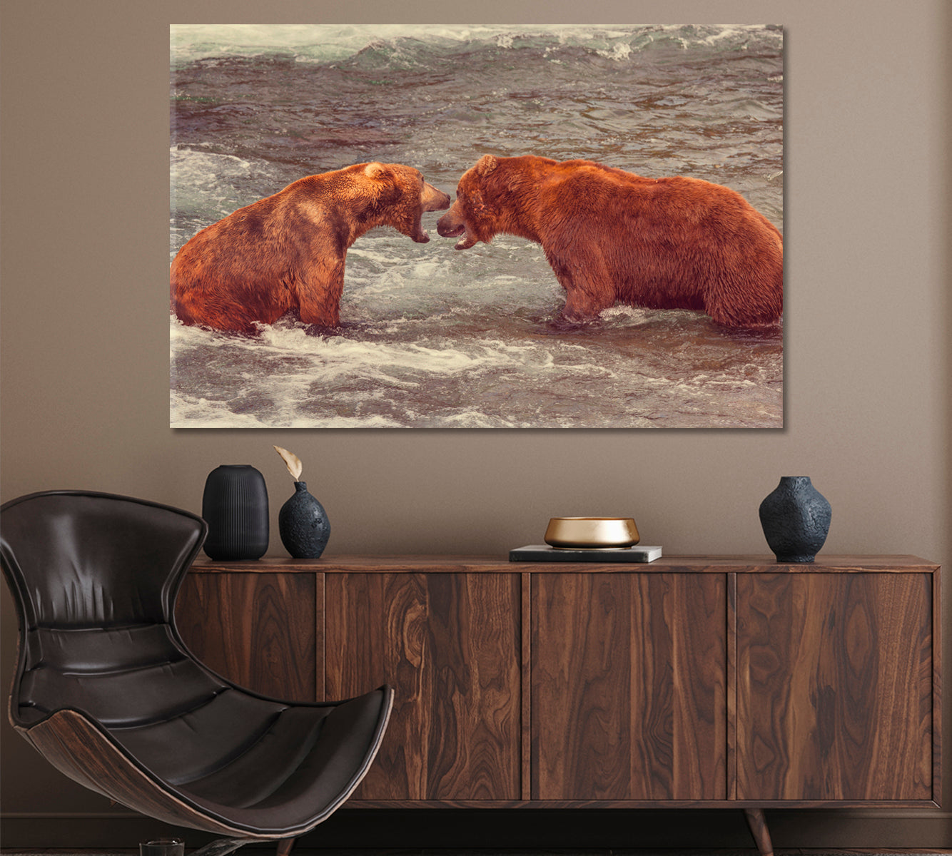 Grizzly Bears Hunting Salmon at Brooks Falls Alaska Canvas Print ArtLexy 1 Panel 24"x16" inches 