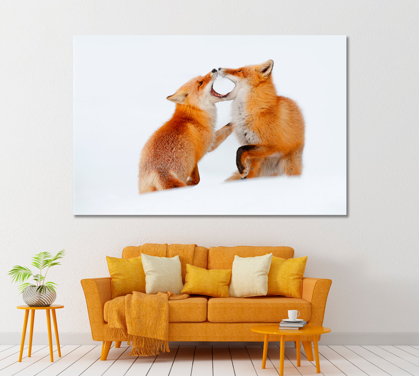 Red Foxes Playing in Snow Hokkaido Japan Canvas Print ArtLexy 1 Panel 24"x16" inches 