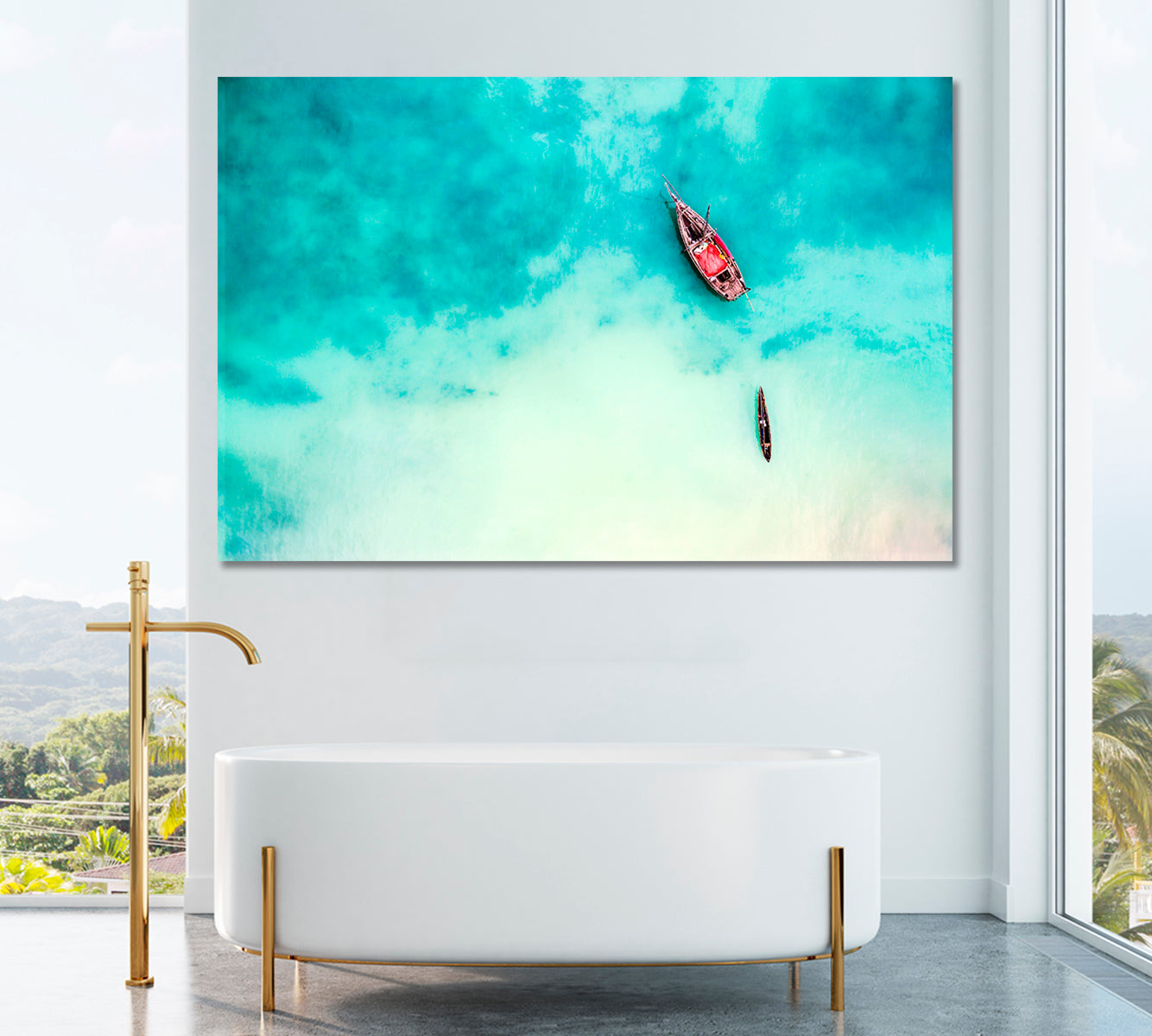 Boat and Ship in Turquoise Ocean Zanzibar Canvas Print ArtLexy 1 Panel 24"x16" inches 