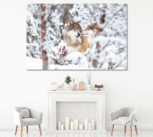 Two Wolves in Winter Forest Canvas Print ArtLexy 1 Panel 24"x16" inches 