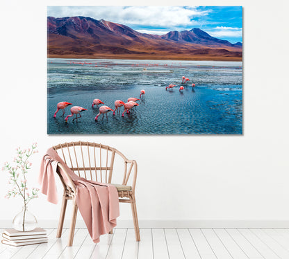Pink Flamingos in Lake Hedionda and Andes Mountains Bolivia Canvas Print ArtLexy 1 Panel 24"x16" inches 