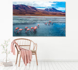 Pink Flamingos in Lake Hedionda and Andes Mountains Bolivia Canvas Print ArtLexy 1 Panel 24"x16" inches 