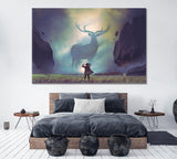 Man and Giant Deer in Mysterious Valley Canvas Print ArtLexy 1 Panel 24"x16" inches 