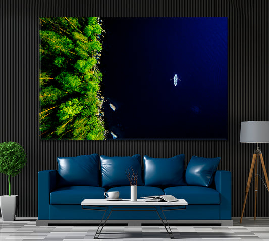 Blue Lake with Fishing Boat and Forests Finland Canvas Print ArtLexy 1 Panel 24"x16" inches 