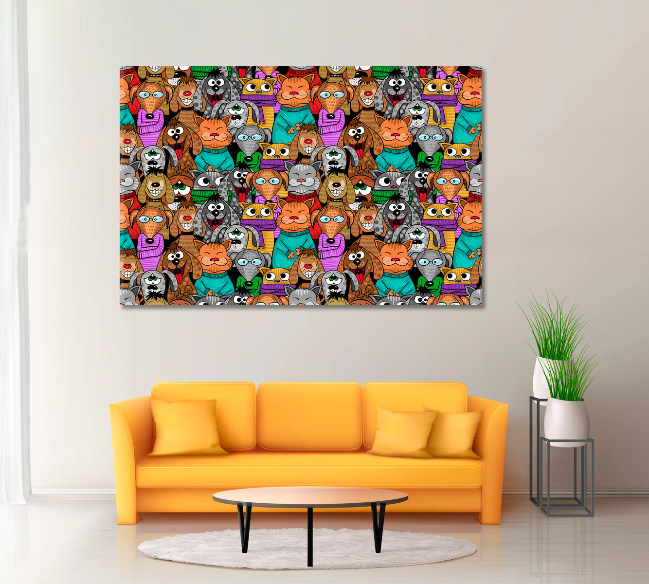 Cartoon Cats and Dogs Canvas Print ArtLexy 1 Panel 24"x16" inches 