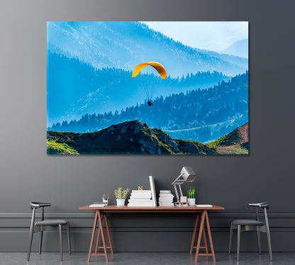 Yellow Paraglider over Green Mountains Canvas Print ArtLexy 1 Panel 24"x16" inches 