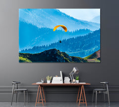 Yellow Paraglider over Green Mountains Canvas Print ArtLexy 1 Panel 24"x16" inches 