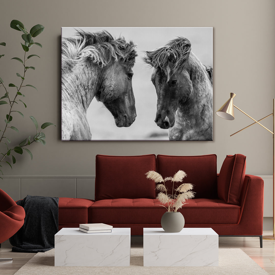 Couple of Horses in Black and White Canvas Print ArtLexy 1 Panel 24"x16" inches 