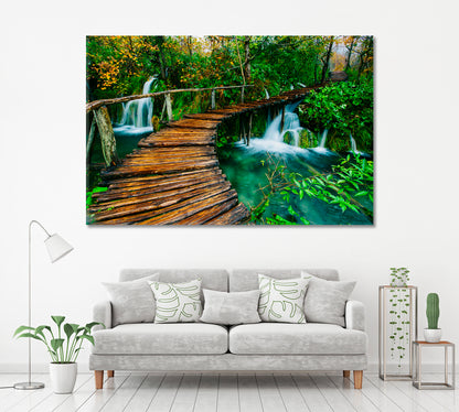 Wooden Path and Lake in Plitvice National Park Croatia Canvas Print ArtLexy 1 Panel 24"x16" inches 
