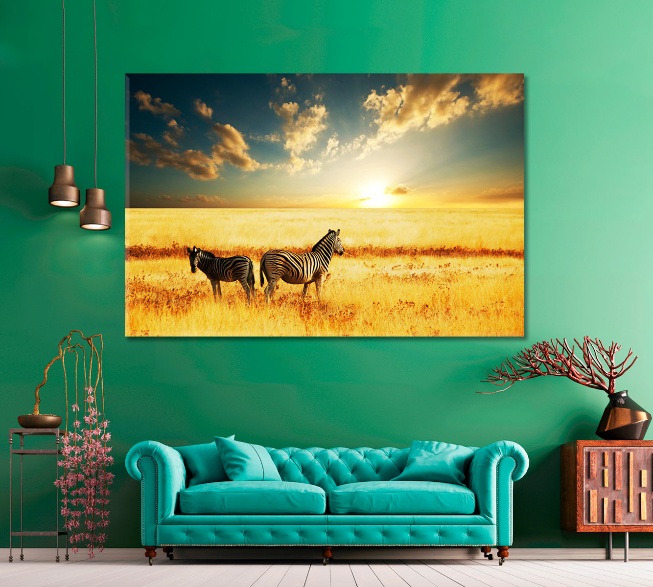 Wild Zebras in African Savannah at Amazing Sunset Canvas Print ArtLexy 1 Panel 24"x16" inches 