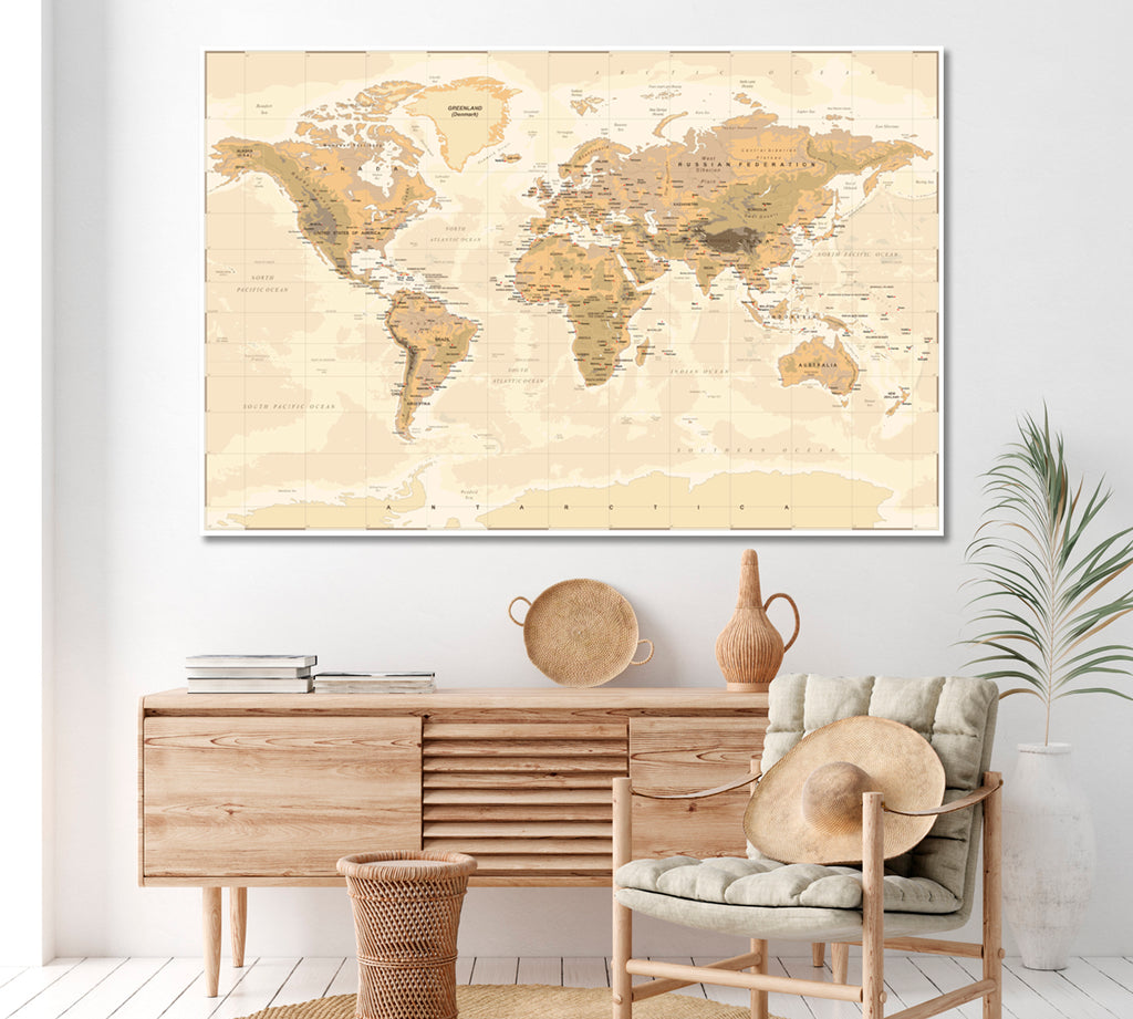 Vintage Physical World Map Canvas Print ArtLexy 1 Panel 24"x16" inches 