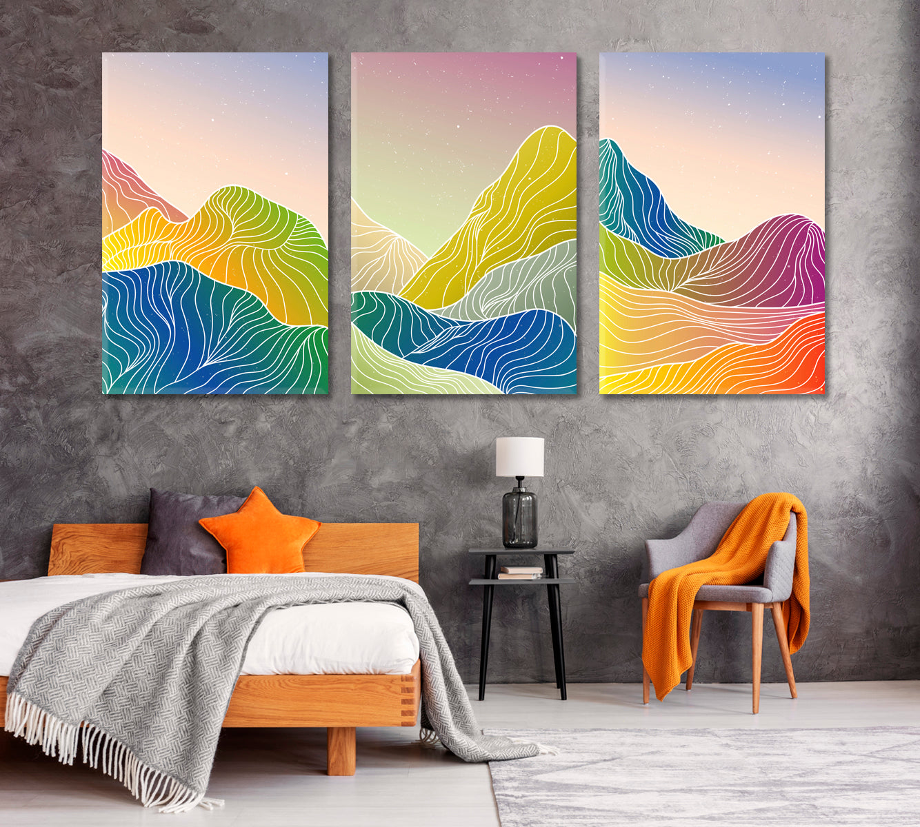 Set of 3 Colorful Line Mountain Landscape Canvas Print ArtLexy   