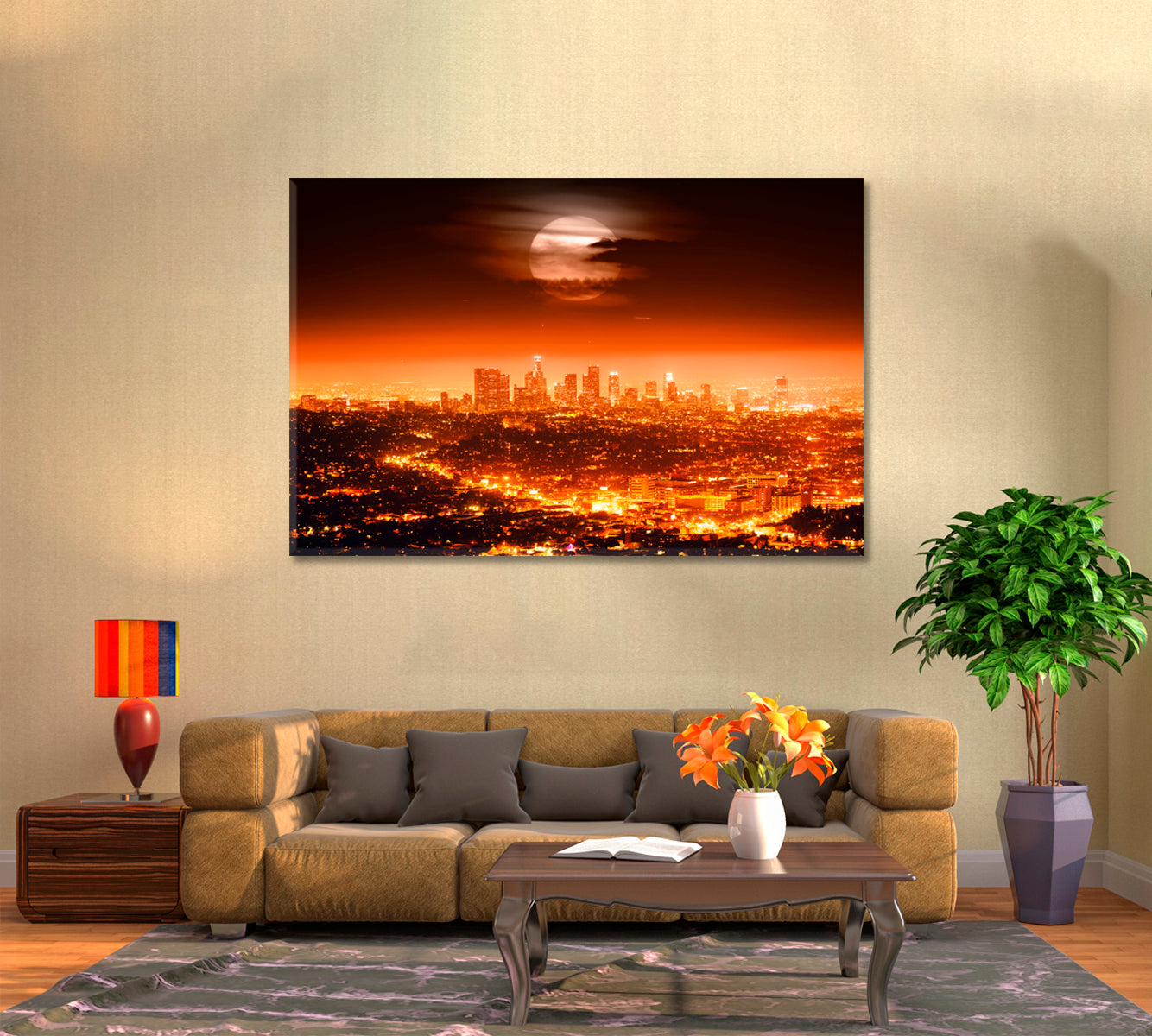 Los Angeles Skyline at Full Moon Canvas Print ArtLexy 1 Panel 24"x16" inches 