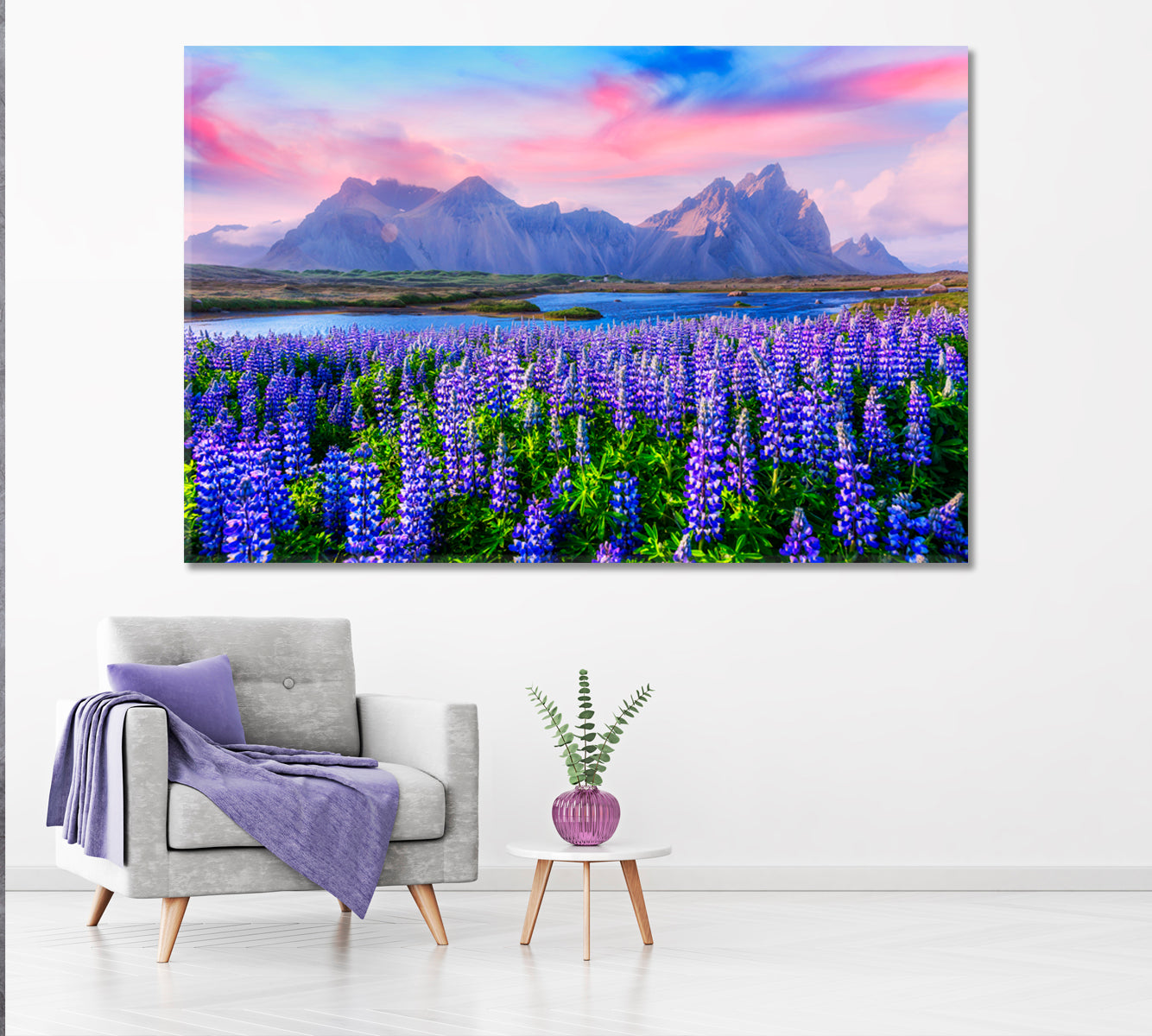 Famous Lupine Flowers near Stokksnes Mountains Iceland Canvas Print ArtLexy 1 Panel 24"x16" inches 