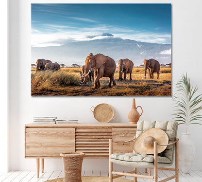 Herd of African Elephants in front of Mount Kilimanjaro Canvas Print ArtLexy 1 Panel 24"x16" inches 