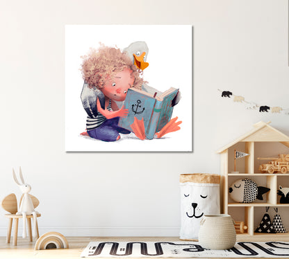 Gull with Little Girl Read Book Canvas Print ArtLexy 1 Panel 12"x12" inches 