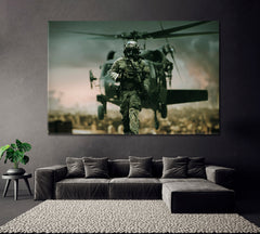 Military Helicopter Behind American Soldier Canvas Print ArtLexy 1 Panel 24"x16" inches 