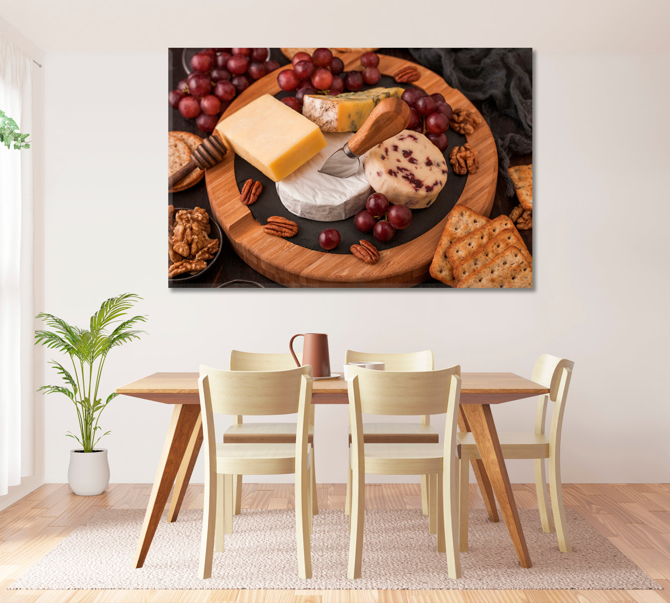 Various Cheese on Wooden Board Canvas Print ArtLexy 1 Panel 24"x16" inches 