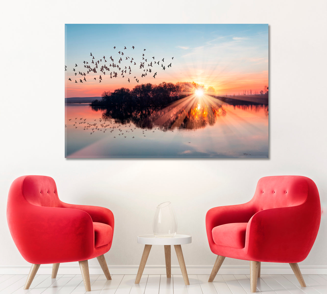 Flocks Birds Over Lake at Sunset Canvas Print ArtLexy   