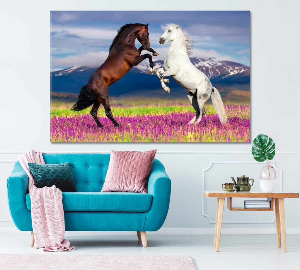 Two Horses Playing in Flower Field Canvas Print ArtLexy 1 Panel 24"x16" inches 